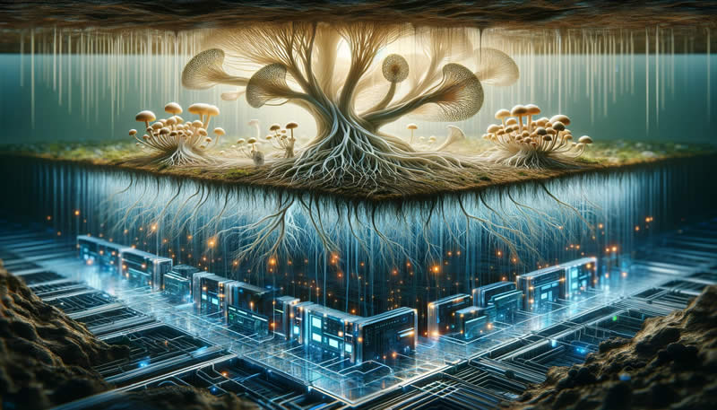 An AI system with an underground fungal network - image by DALL-E